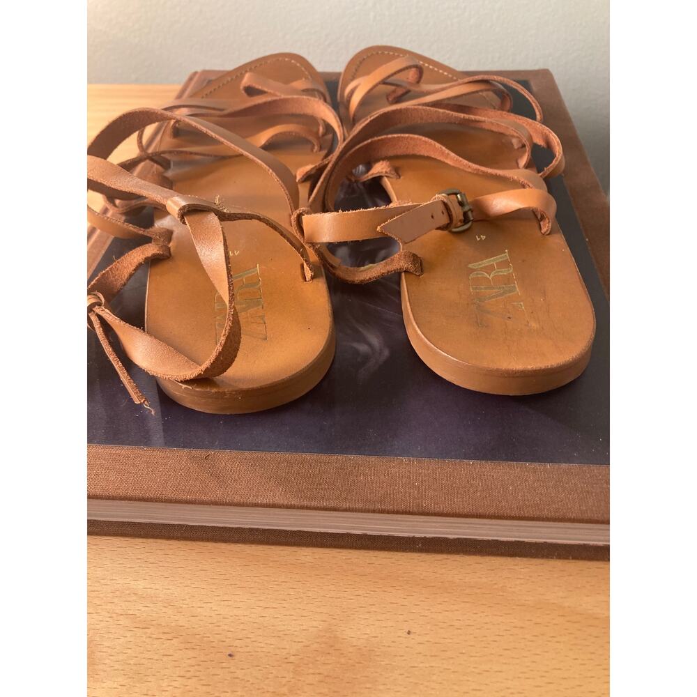 Zara Leather Gladiator Strappy Flat Sandals Summer Fun Sz 41 10 - Picture 4 of 6